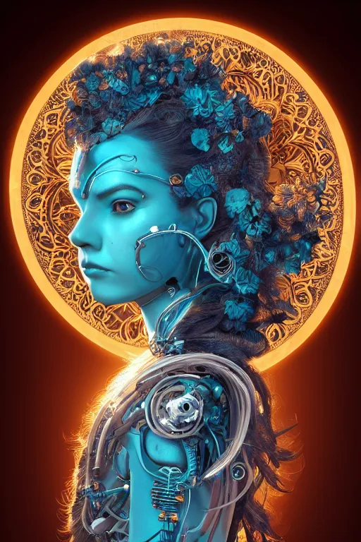 Prompt: a beautiful intricate fine art portrait photo of an indian cyborg with bionic implants, epic wavy hair spread out around her lined with white hibiscus, lying on a glowing mandala, by natalie shau and james christensen, masterpiece!, turquoise blue face, mechanical robot body, top view, studio lighting, golden ratio composition, 3 5 mm lens, deep depth of field, artstation, 8 k