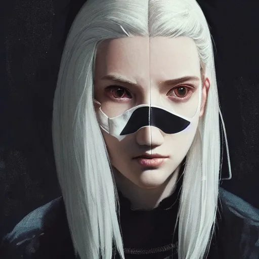 Image similar to very cool girl white hair girl with mask, streetwear, techwear, cyberpunk style outfit, full body, nose piercing, detailed portrait, intricate complexity, by greg rutkowski, james gilleard, atey ghailan, artgerm, ross tran, conrad roset, takato yomamoto, ilya kuvshinov. 4 k, beautiful, cinematic dramatic atmosphere