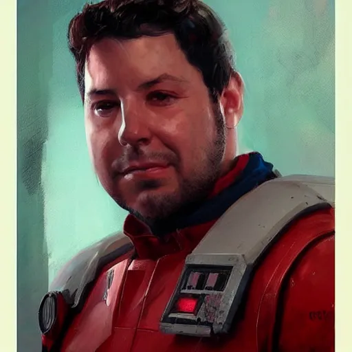 Image similar to portrait of a man by greg rutkowski, he looks like greg grunberg, tall and burly, star wars expanded universe, he is about 3 0 years old, wearing red and white starfighter pilot uniform from the galactic triunvirate.