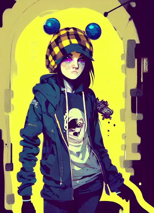 Image similar to highly detailed portrait of a sewer punk lady student, blue eyes, tartan hoodie, white hair by atey ghailan, by greg rutkowski, by greg tocchini, by james gilleard, by joe fenton, by kaethe butcher, gradient yellow, black, brown and pink color scheme, grunge aesthetic!!! ( ( graffiti tag wall background ) )