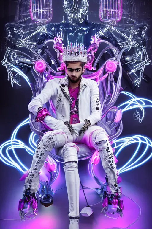 Image similar to full-body rococo and cyberpunk style neon statue of a young attractive Zayn Malik macho dotado e rico android sim roupa reclining con las piernas abertas e la piroca dura, glowing white laser eyes, prince crown of pink gears, diamonds, swirling silver-colored silk fabric. futuristic elements. full-length view. space robots. human skulls. intricate artwork by caravaggio. Trending on artstation, octane render, cinematic lighting from the right, hyper realism, octane render, 8k, depth of field, 3D