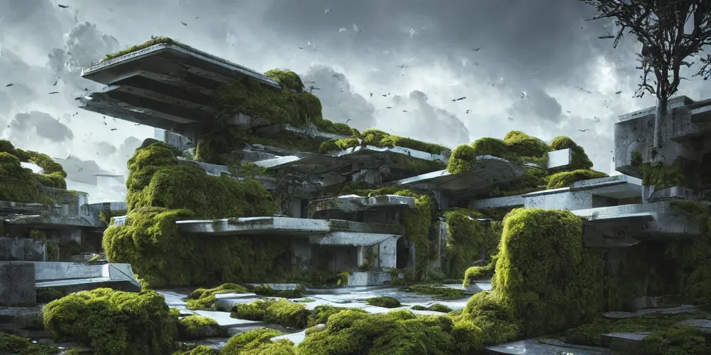 Image similar to concrete architecture with moss and ivy growing all over, futuristic, late afternoon light, dramatic clouds in a blue sky, by frank lloyd wright and greg rutkowski and ruan jia