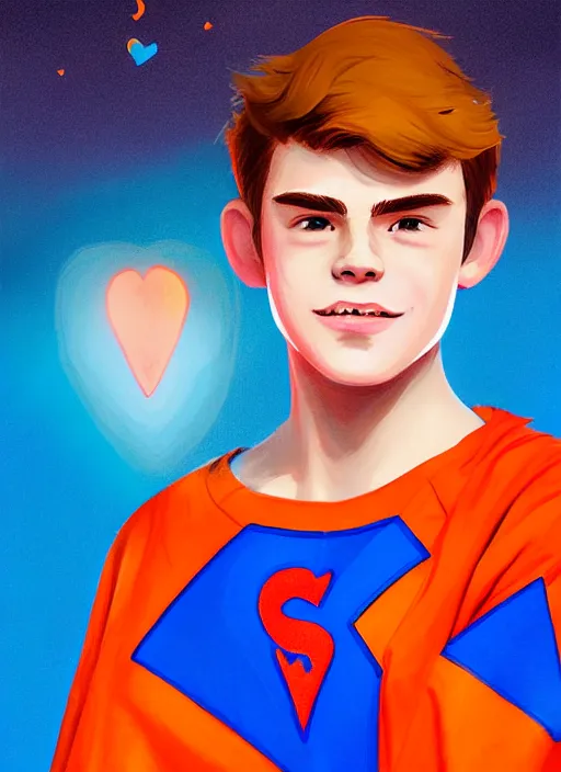 Image similar to friendly teenage archie andrews wearing an orange superhero costume with heart logo, heart, orange costume, blue cape, freckles, cape, heart emblem on chest, heart, blue cape, intricate, elegant, glowing lights, highly detailed, digital painting, artstation, sharp focus, illustration, art by wlop, mars ravelo and greg rutkowski