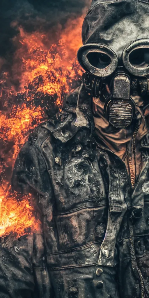 Image similar to post - apocalyptic city streets, close - up shot of an anarchist with a gasmask, burned cars, explosions, colorful smoke, hyperrealistic, gritty, damaged, dark, urban photography, photorealistic, high details