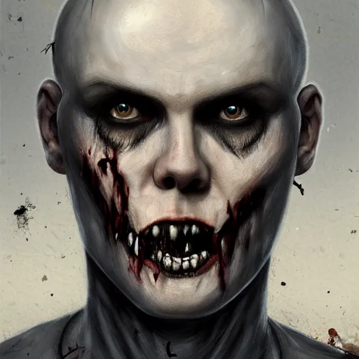 Image similar to head portrait of young and handsome billy corgan as a zombie, 7 days to die zombie, gritty background, fine art, award winning, intricate, elegant, sharp focus, cinematic lighting, digital painting, 8 k concept art, art by michael hussar, art by brom, art by guweiz and z. w. gu, 8 k