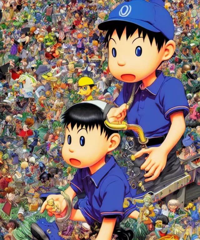 Image similar to ness from earthbound, highly detailed digital illustration, by takeshi obata, yoshitaka amano, ross tran, hirohiko araki, koyoharu gotouge