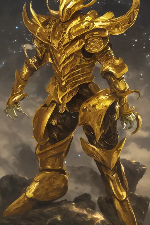 Image similar to an anime showing the new golden armor zodiac Knight by the artist Alessandro pizzi . Rendering the frog constellation armor . Sharp focus, full of details, by utsurowazaru mono and Jason Nguyen , matte painting ,concept art, trending on artstation and cell shading