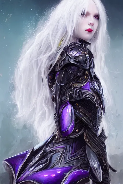 Image similar to portrait evilly white hair knights of Zodiac girl, metalic deep purple and black reflected armor, in ruined Agora of Athens thunder sparkling flash night, ssci-fi, fantasy, intricate, very very beautiful, elegant, highly detailed, digital painting, artstation, concept art, smooth, sharp focus, illustration, art by tian zi and WLOP and alphonse mucha