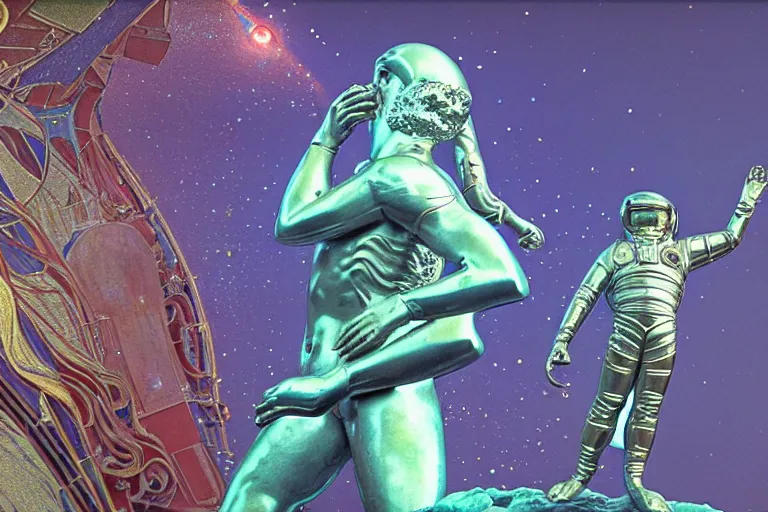 Prompt: the last astronaut looking at the colossus statue on Neptune, style hybrid mix of Jirí Petr+Romi Lerda+ Sandra Pelser,Yves Tanguy+ Alphonse Mucha+ Ernst Haeckel+ Edward Robert Hughes+Stanisław Szukalski , moody colors,diamond dust glitter and sparkles, holographic krypton ion,red eyes,octane render,4k, ighly detailed, hyperrealism, excellent composition, cinematic concept art, dramatic lighting, trending on ArtStation