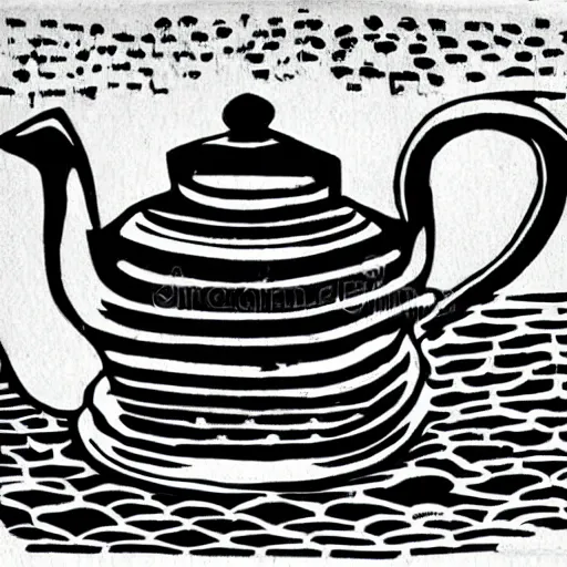 Prompt: high contrast black ink on white paper teapot block print illustration
