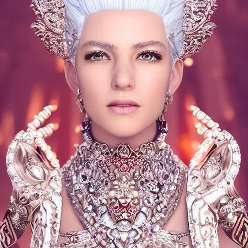 Image similar to portrait of radiant princess with white hair, beauty, ornate and intricate diamond jewelry, jaw dropping, white accent lighting, hyper detailed, 4 k octane render