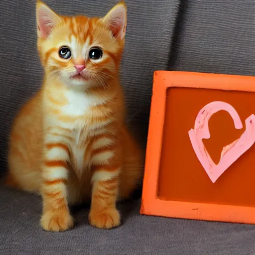 Prompt: cute orange tabby kitten with a sign that says