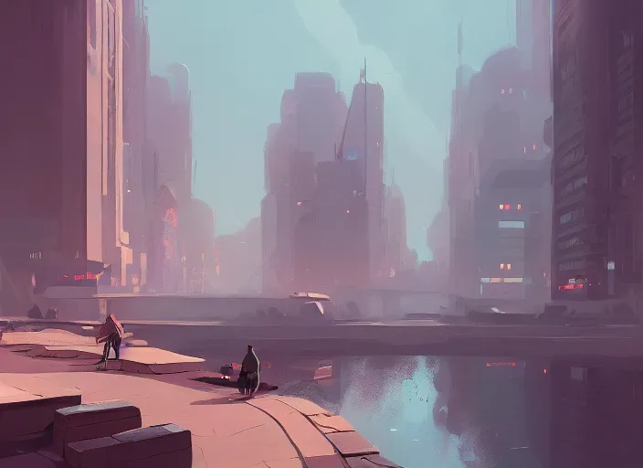 Prompt: painting of a city with a river running through it, concept art by atey ghailan, artstation contest winner, concept art, artstation hq, 2 d game art