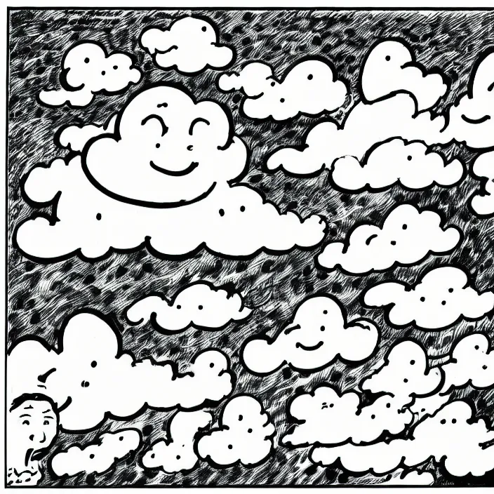 Image similar to a still frame from comic strip a scheme of the smiling cloud 1 9 5 0, herluf bidstrup, new yorker illustration, monochrome contrast bw, vector lineart graphics, manga, tadanori yokoo, simplified,