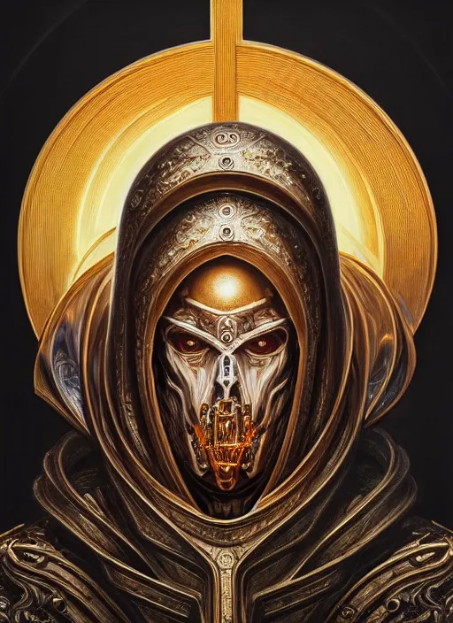 Image similar to hyper detailed ultra sharp orthodox saint icon, biomechanical halo, unholy man, trending on artstation, byzantine aesthetic, elden ring, religious, decadent, ornate, intricate, digital painting, concept art, smooth, sharp focus, illustration, art by artgerm and greg rutkowski and h. r. giger, 8 k