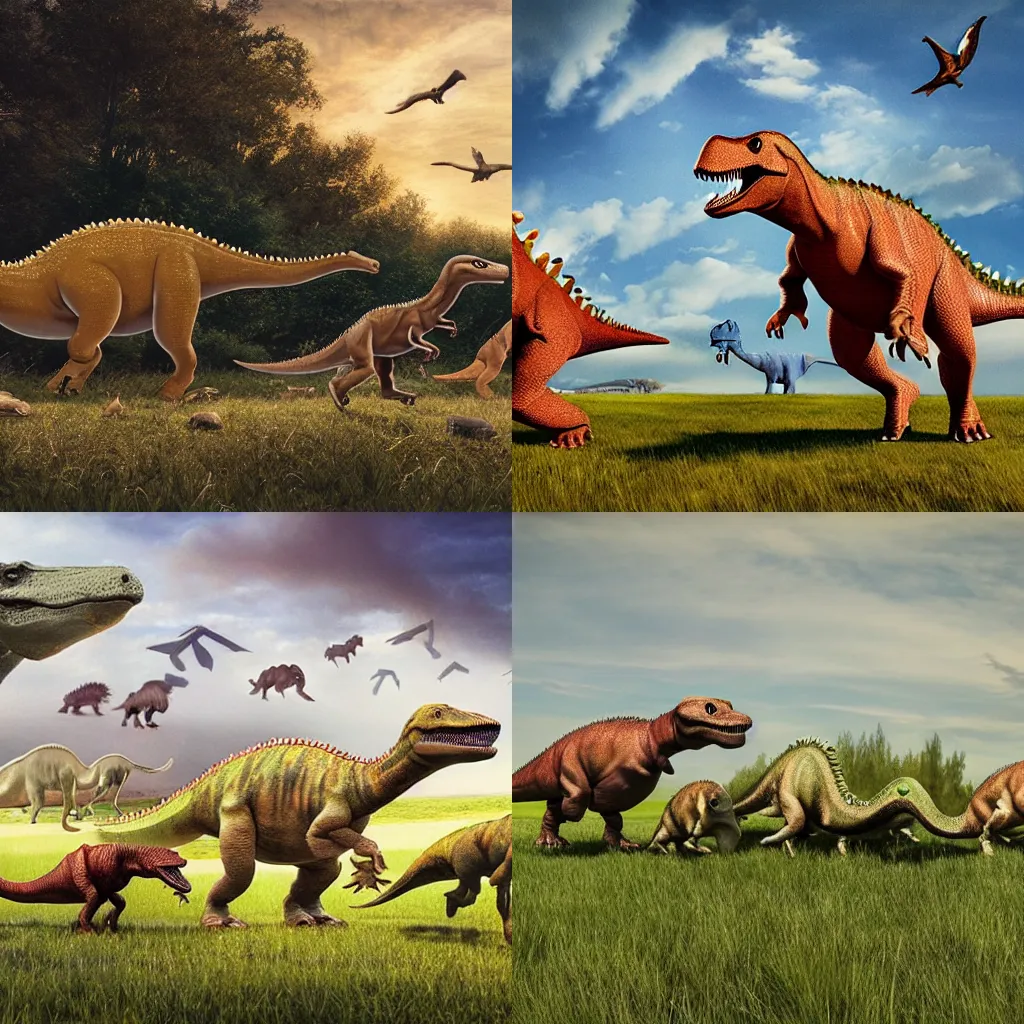 Prompt: a herd of dinosaurs running across a meadow