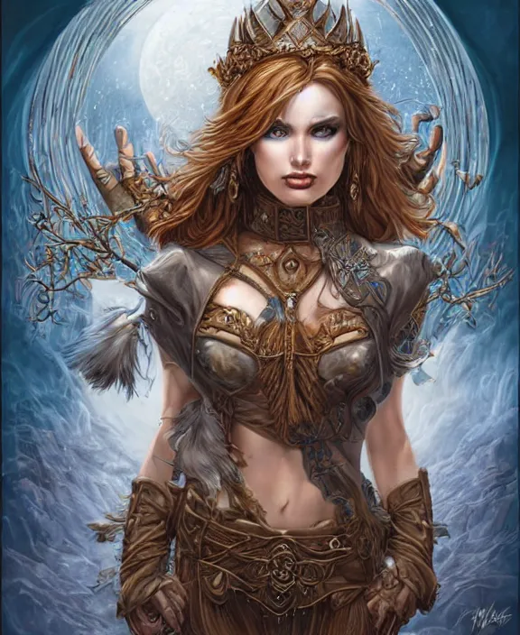 Image similar to a highly detailed symmetrical painting of a sorceress with piercing beautiful eyes, spring tundra setting, dynamic lighting, ambient lighting, deviantart, art by mark brooks and artgerm and karol bak