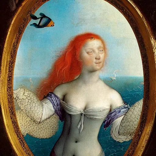 Image similar to rich by john martin, by ambrosius bosschaert. a beautiful mixed mediart of a mermaid swimming in the ocean. her long, flowing hair streams behind her as she gracefully navigates the water. a coral reef & colorful fish can be seen in the background.