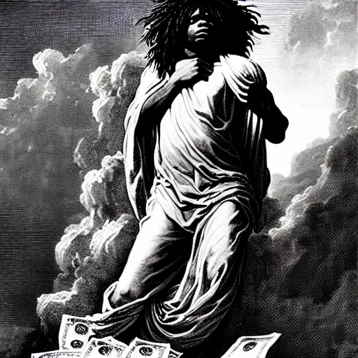 Prompt: cheef keef ascending into heaven holding stacks of cash, biblical image, style of gustave dore, highly detailed, beautiful, high contrast, black and white