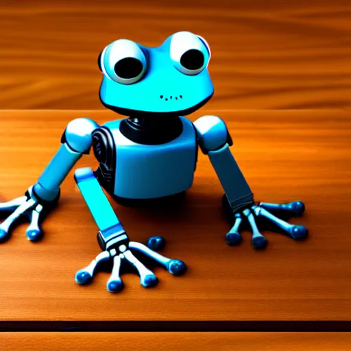 Prompt: a robot frog on a wooden table, photorealistic, 8K, accurate