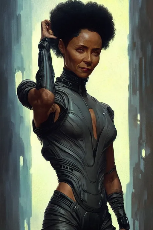 Image similar to young jada pinkett smith as aeon flux profile picture by Greg Rutkowski, the matrix, dynamic pose, afro futurism, intricate, futuristic, fantasy, elegant, by Stanley Artgerm Lau, greg rutkowski, thomas kindkade, alphonse mucha, loish, norman Rockwell,