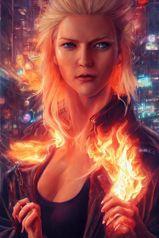 Prompt: wonderful blonde woman with flames dancing on her hands with a long jacket in a cyberpunk city, realistic mouth, realistic, high definition, detailed and symetric face, detailed and realistic hands, expressive eyes, 4 k, shimmering color, art by artgerm ans greg rutkowski and magali villeneuve