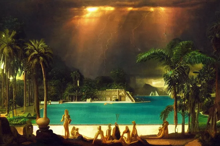 Image similar to Palace of the chalice, refracted sparkles, thunderstorm, greek pool, beach and Tropical vegetation on the background major arcana sky and occult symbols, by paul delaroche, hyperrealistic 4k uhd, award-winning, very detailed paradise