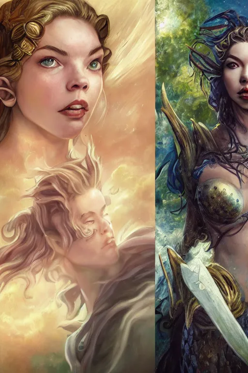 Prompt: A fantasy comic book style, composite hybrid portrait painting of Anya Taylor-Joy, and Cory Chase as a youthful Atlantean, Reptilian Warrior, Mystical Valkyrie, Modest light Armor, Sword, Sheild, Spear, François Boucher, Oil Painting, unreal 5, DAZ, hyper-realistic, Photorealistic, octane render, Regal, Refined, Coherent, Detailed Digital Art, RPG portrait, William-Adolphe Bouguereau, Michael Cheval, Walt Disney (1937), Steampunk, Hieronymus Bosch, Golden dappled dynamic lighting, Highly Detailed, Theophanic atmosphere, Cinematic Lighting, Unreal Engine, 8k, HD