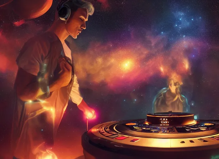 Image similar to Wide shot of a man djing under the galaxy, digital art, artstation, hyperrealistic, 4k, unreal engine, octane render, trending on artstation, art by Artgerm and Greg Rutkowski and Alphonse Mucha