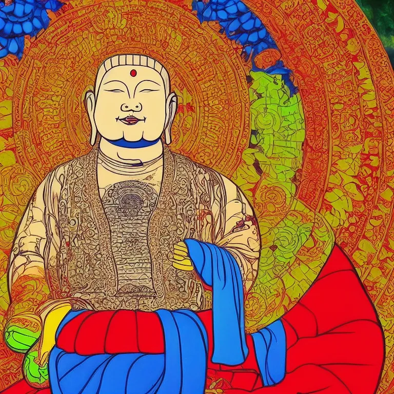 Prompt: smiling buddha immense knowledge infinite color dmt art ornate red green yellow deep blue