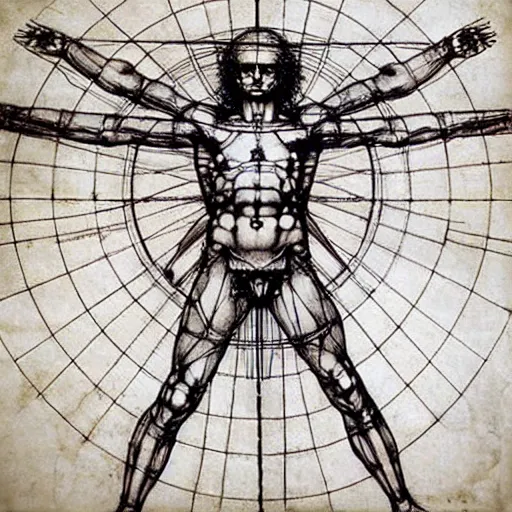 Prompt: super sentai vitruvian man by leonardo da vinci and james jean, renaissance