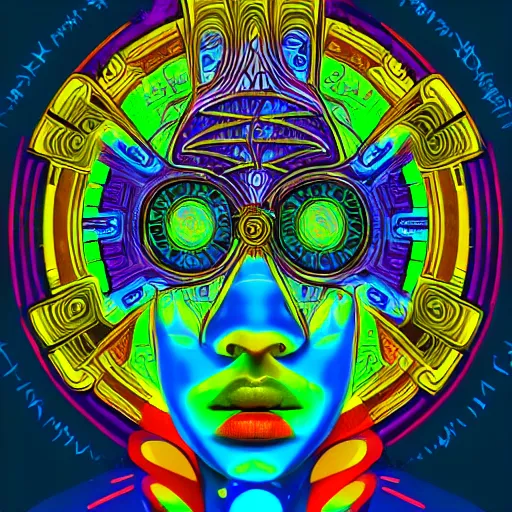 Image similar to portrait of a future metaverse tech Ayahuasca shaman warrior, 2D cartoon, visionary art, symmetric, Magick symbols, holy halo, shipibo patterns, sci-fi, concept art, trending on art station, 8k digital art