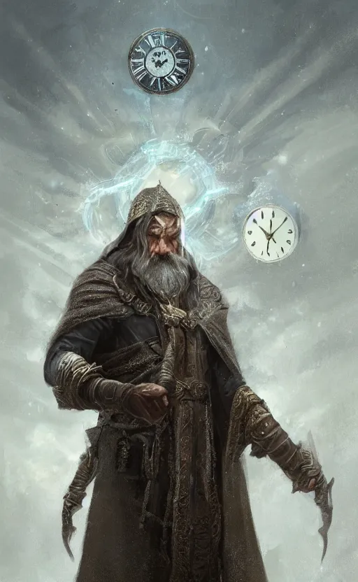 Image similar to portrait of a middle - aged elf, very long beard, dressed in a blue cloak, greyish brown hair, raised hand, clock iconography, detailed face, fantasy, highly detailed, cinematic lighting, digital art painting by greg rutkowski