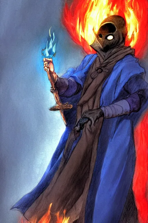 Image similar to a pencil smear sketch of a plague doctor with a blue wizard robe holding his right hand out with fire coming off of it, as a d & d character, blue robe, magical, red highlights, hip hop aesthetic, concept sheet, painting by gaston bussiere, demon slayer, akiri toriyama, dramatic lighting, professional manga style, anime