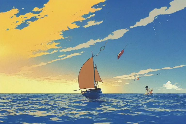 Image similar to sailor cat in a yellow raincoat and an eyepatch sailing a fishing boat through a tropical archipelago, morning sunrise, clouds, beautiful, summer, calm, studio ghibli, art by hayao miyazaki, makoto shinkai