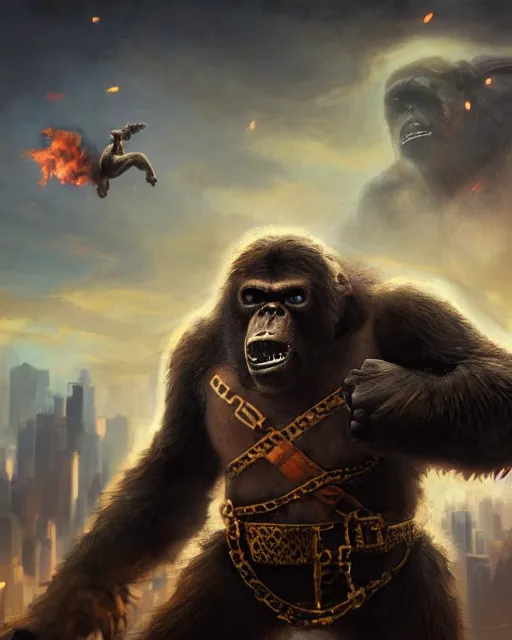 Image similar to oil painting of Steampunk angry King Kong smashing buildings, sharp focus, full body, heroic pose, fantasy style, steampunk city background, octane render, volumetric lighting, 8k high definition, by greg rutkowski, highly detailed, trending on art Station, magic the gathering artwork, centered, dramatic artwork, combat scene