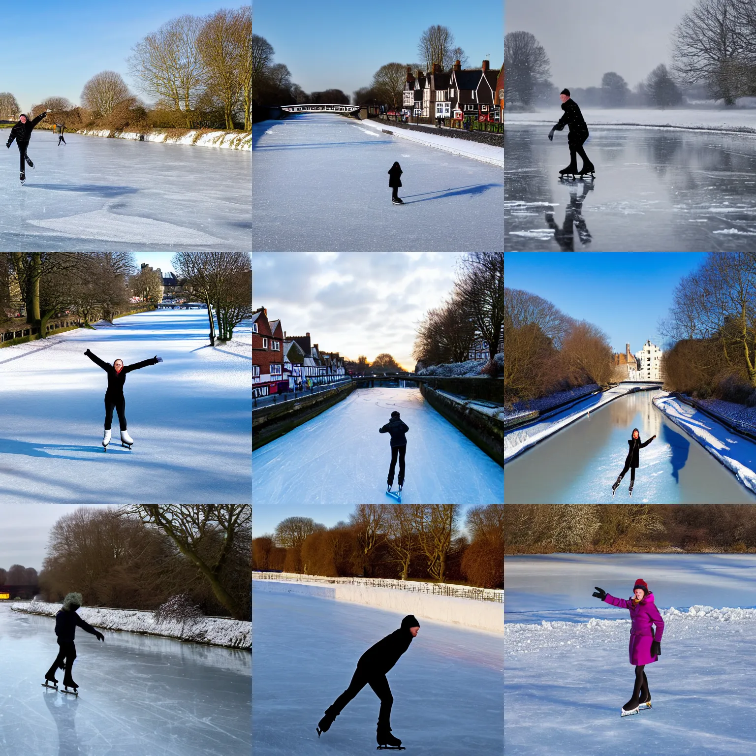 Prompt: ice skater skating on a frozen river stour in canterbury, in winter