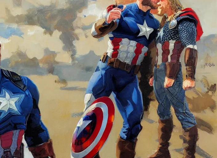 Image similar to a highly detailed beautiful portrait of captain america and thor sharing a moment, by gregory manchess, james gurney, james jean