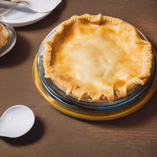 Image similar to a set of false teeth eating a pot pie, hyper realistic, photography, 3 5 mm