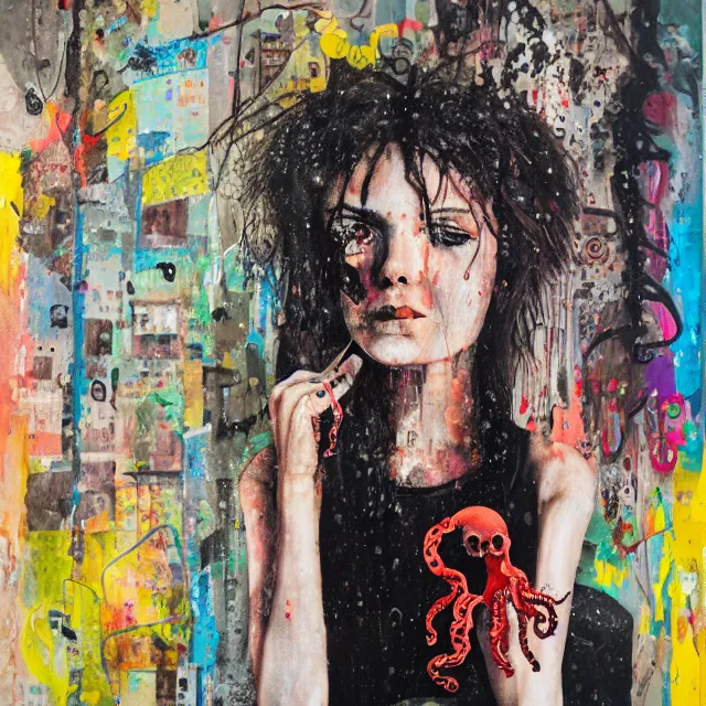 Image similar to a portrait in a dark apartment, cityscape, a female art student holding an octopus, rain made of milk, berries, broken bottles, metaphysical, neo - expressionism, surrealism, acrylic and spray paint and oilstick on canvas