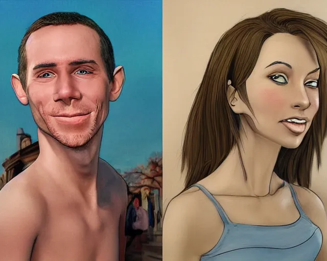 Image similar to cartoon human and realistic human side by side, photograph, realism, cartoonish