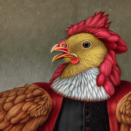 Prompt: a high quality photo of a chicken wearing a suit, renaissance, 8k,