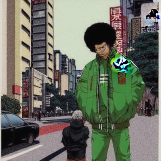 Image similar to illustration by katsuhiro otomo, black man with afro hair, stubble, wearing an adidas army green jacket, in the streets of tokyo, akira style, by katsuhiro otomo