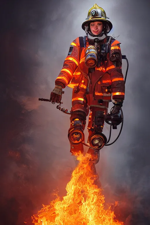 Image similar to a beautiful ultra detailed fine art portrait of a futuristic mechanical cybernetic fireman cyborg against backdrop of flames fire, by tom bagshaw and anna dittman, firefighter outfit uniform, flying amber, studio lighting, firefighter, golden ratio composition, 3 5 mm lens, cybernetic scifi, deep depth of field, artstation, 8 k