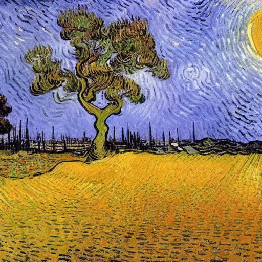 Prompt: This painting has such a feeling of peace and serenity. The tree is so still and calm, despite the wind blowing around it. The moonlight casts a soft glow over everything and the starts seem to be winking at you... by Van Gogh