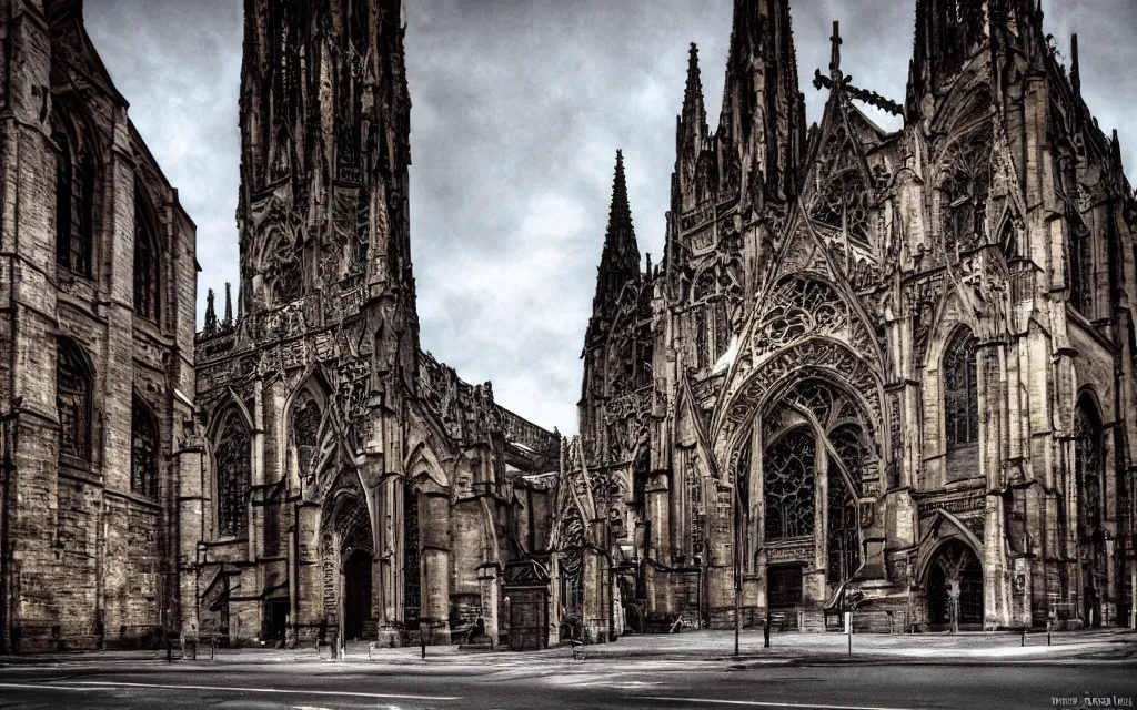 Image similar to street view of a cathedral made of flesh and bones, realistic, old color photograph, dynamic composition, creepy