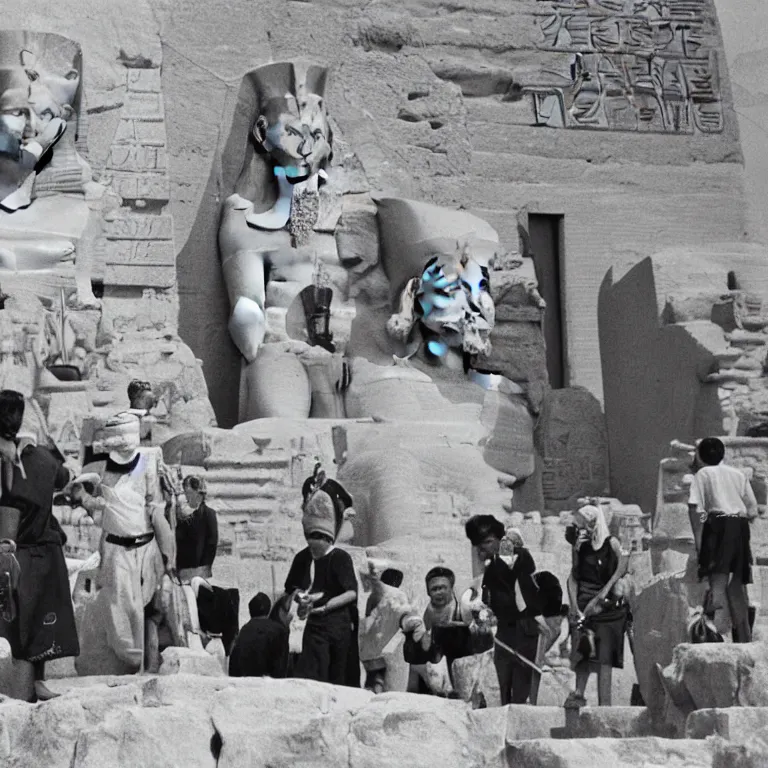 Image similar to black and white photo of explorers finding egypt's famous shiba inu temple