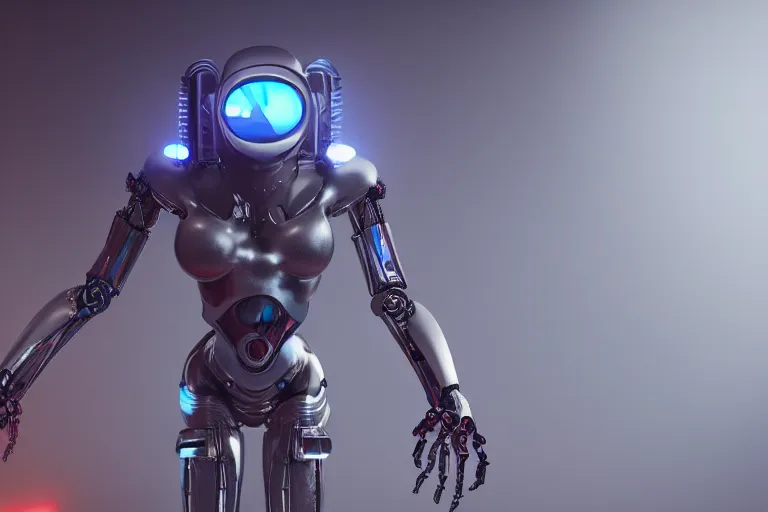 Prompt: cyberpunk alien concept inspired robot, futuristic look, highly detailed body, very powerful, photorealistic camera shot, bright studio setting, studio lighting, crisp quality and light reflections, unreal engine 5 quality render