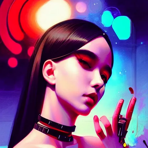 Prompt: portrait of a pretty girl looking up, wearing a black choker, red hands touching her hair and body, cyber punk, intricate, bright colors, sharp focus, illustration, highly detailed, concept art, matte, trending on artstation, anime, art by wlop and artgerm and greg rutkowski, ilya kuvshinov, strong strokes, h 6 4 0