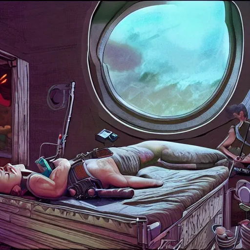 Prompt: waking up from coma, first person view, being cared for by primitive extraterrestrials, cinematic, worm's eye view, dramatic lighting, illustration, ron cobb, mike mignogna, science fiction